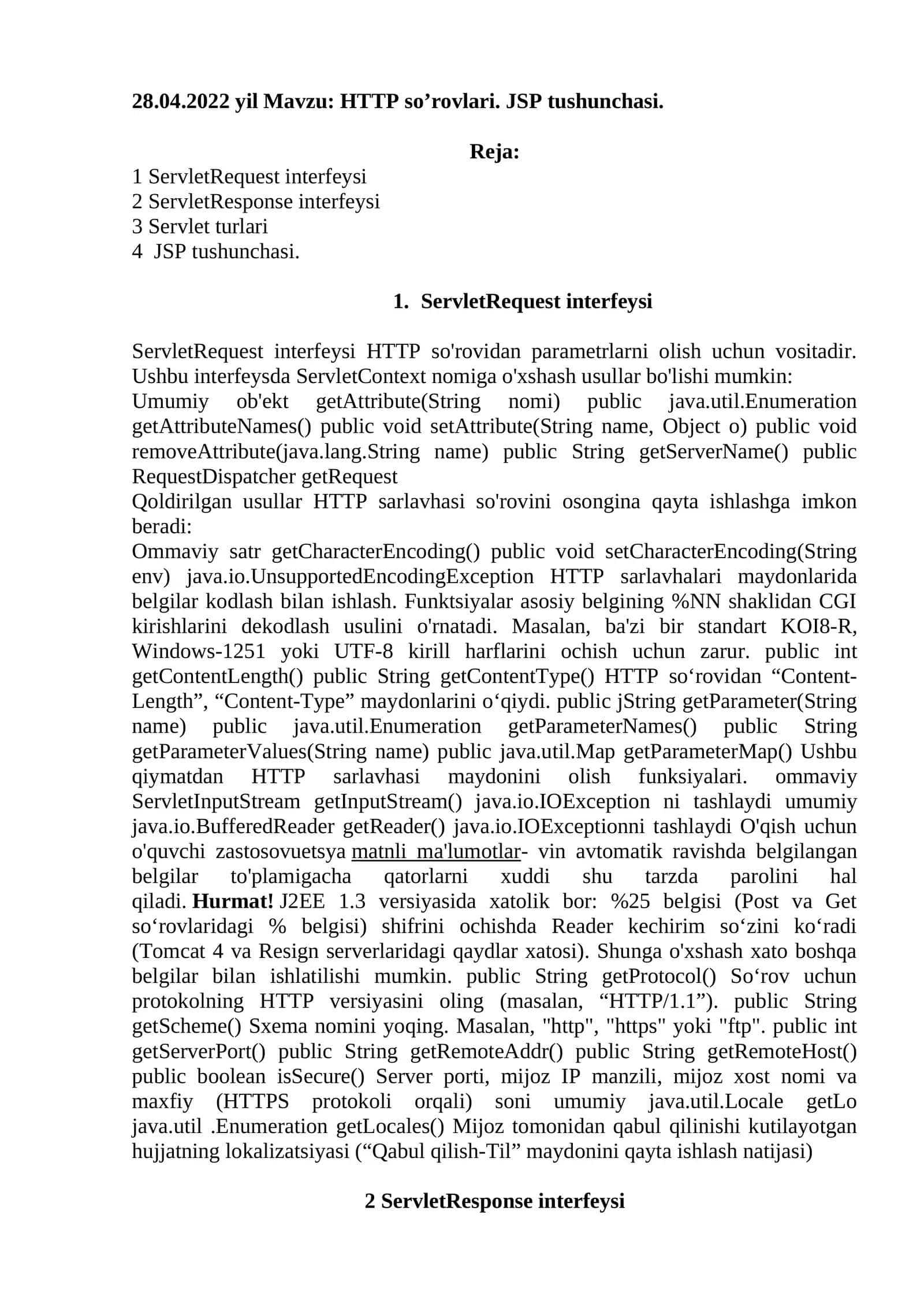 HTTP so’rovlari. JSP tushunchasi 1