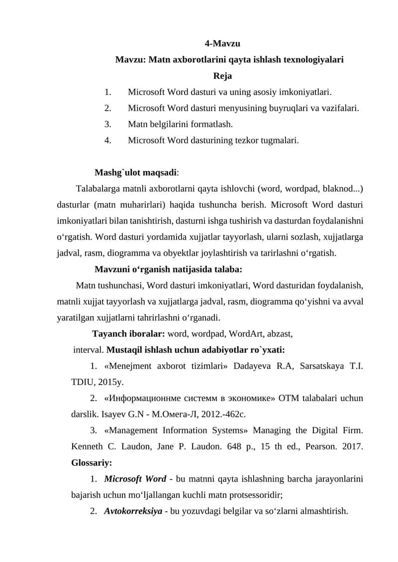 Matn axborotlarini qayta ishlash texnologiyalari 1