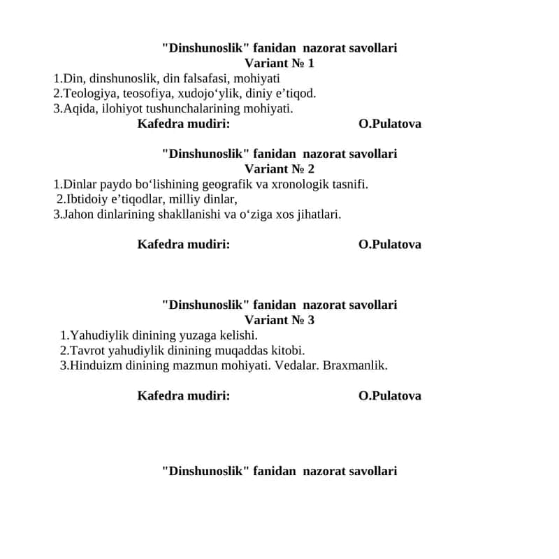 Dinshunoslik fanidan nazorat savollari 1