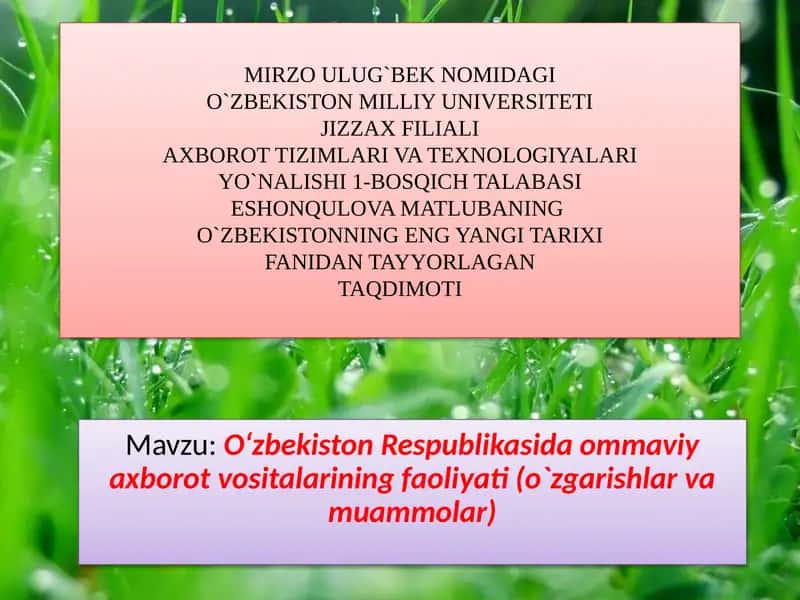 O‘zbekiston Respublikasida Ommaviy Axborot Vositalari Faoliyati (O‘zgarishlar va Muammolar) 1