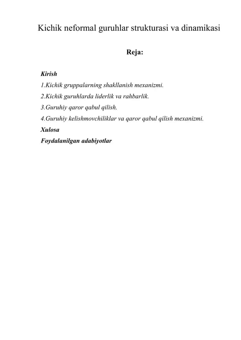 Kichik neformal guruhlar strukturasi va dinamikasi 1