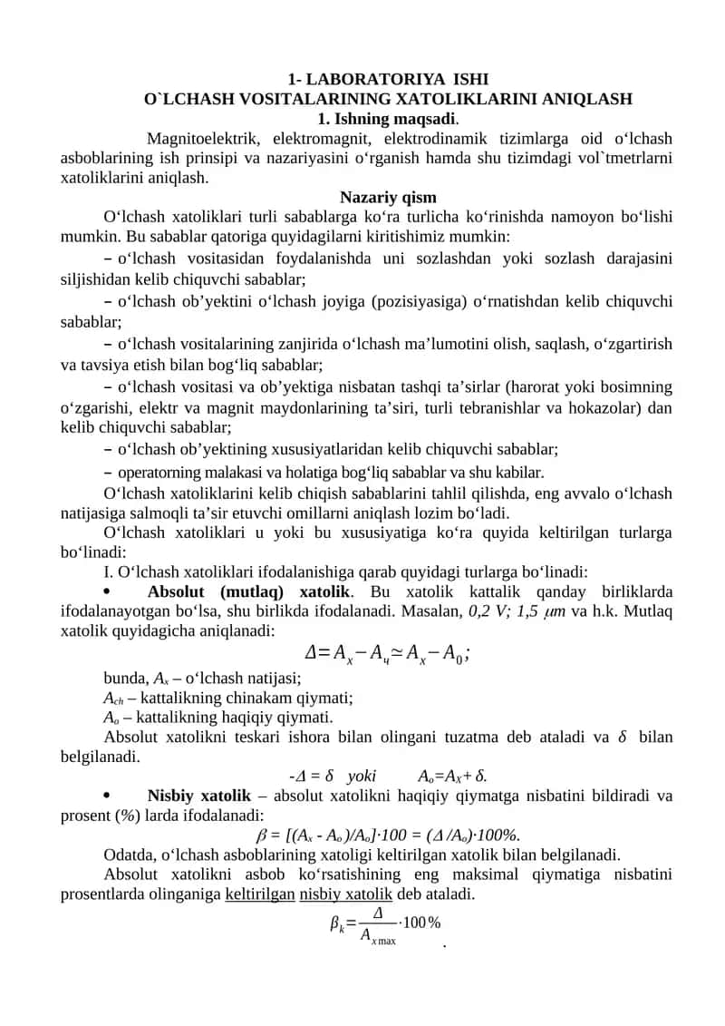 O`LCHASH VOSITALARINING XATOLIKLARINI ANIQLASH 1