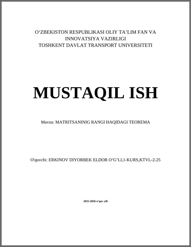 MATRITSANINIG RANGI HAQIDAGI TEOREMA 1