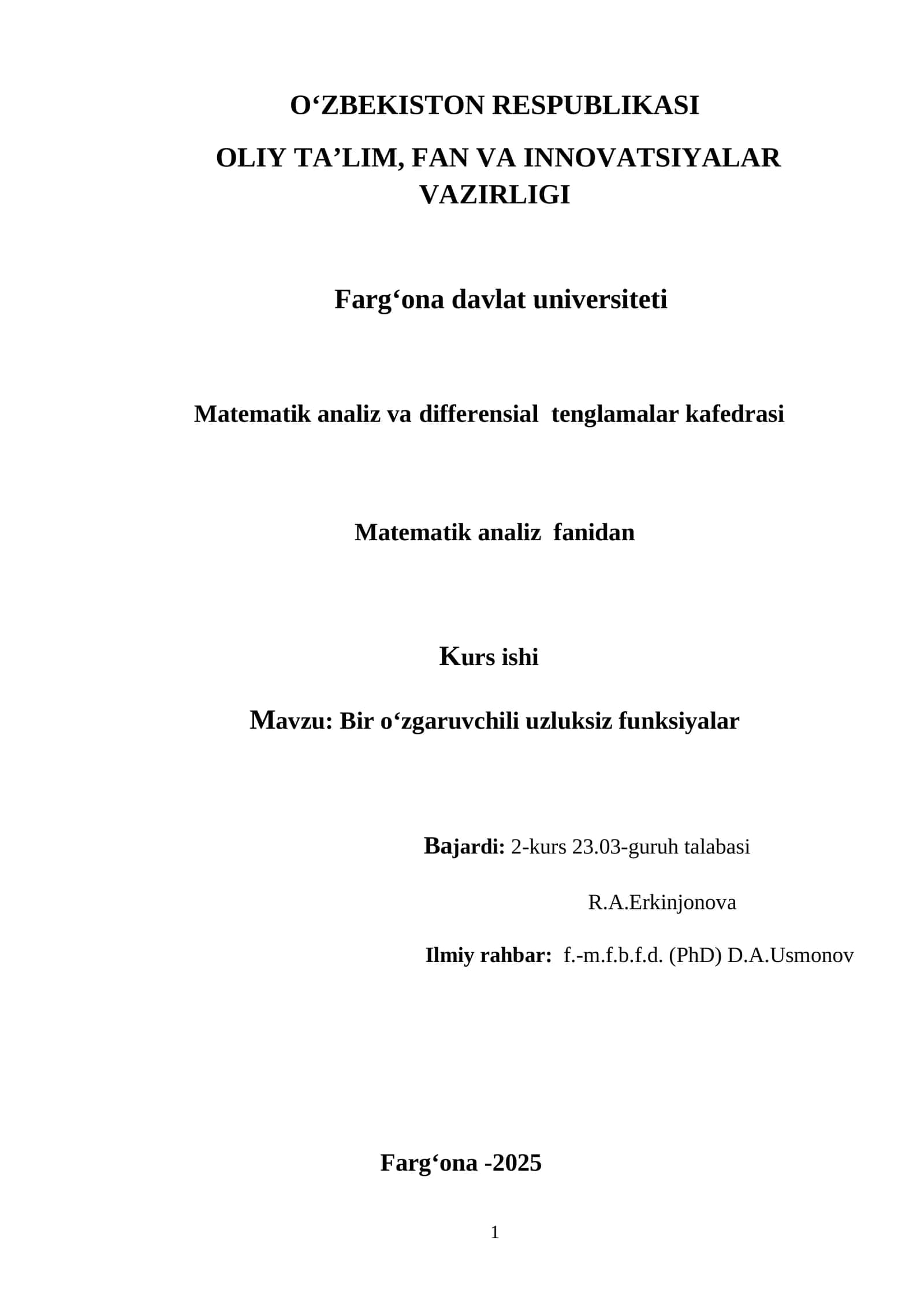 Bir o‘zgaruvchili uzluksiz funksiyalar kurs ishi 1