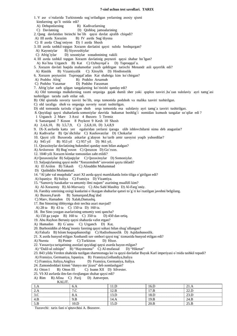 7-sinf uchun test savollari. TARIX 1