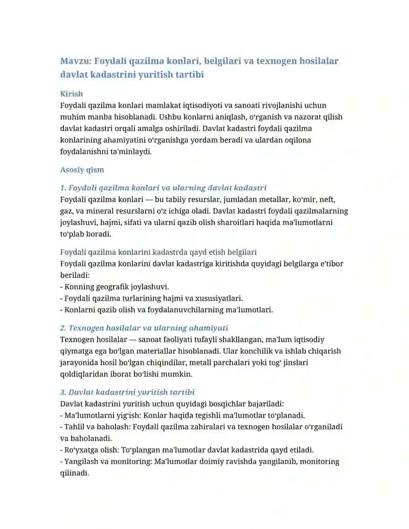 Foydali qazilma konlari, belgilari va texnogen hosilalar davlat kadastrini yuritish tartibi