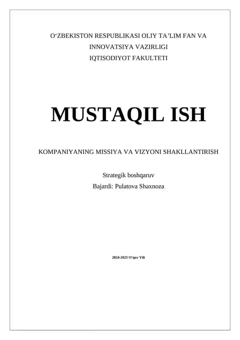 Kompaniyaning missiya va vizyoni shakllantirish