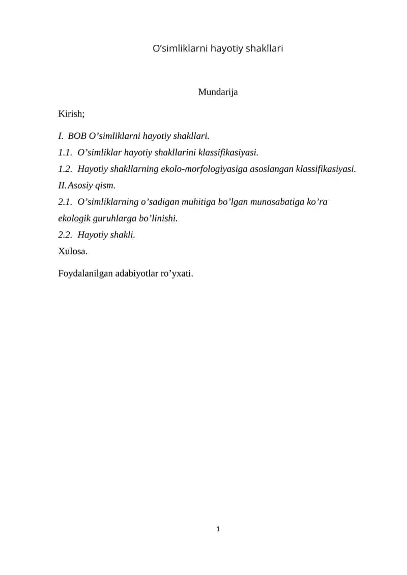 O’simliklarni hayotiy shakllari KURS ISHI 1