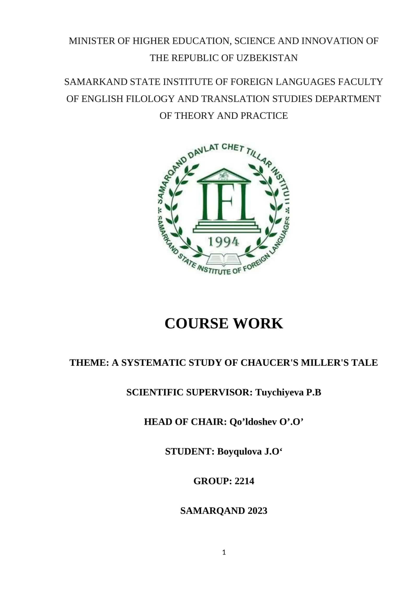 A SYSTEMATIC STUDY OF CHAUCER'S MILLER'S TALE 1