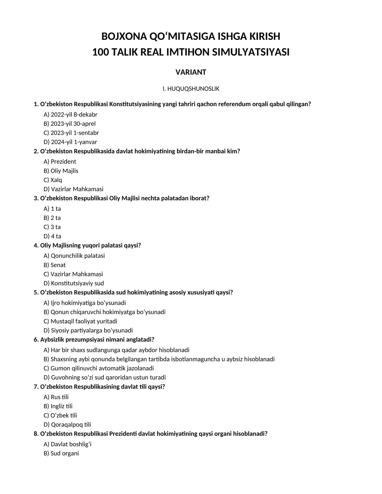 bojxonaga ishga kirish  dastlabki test 1
