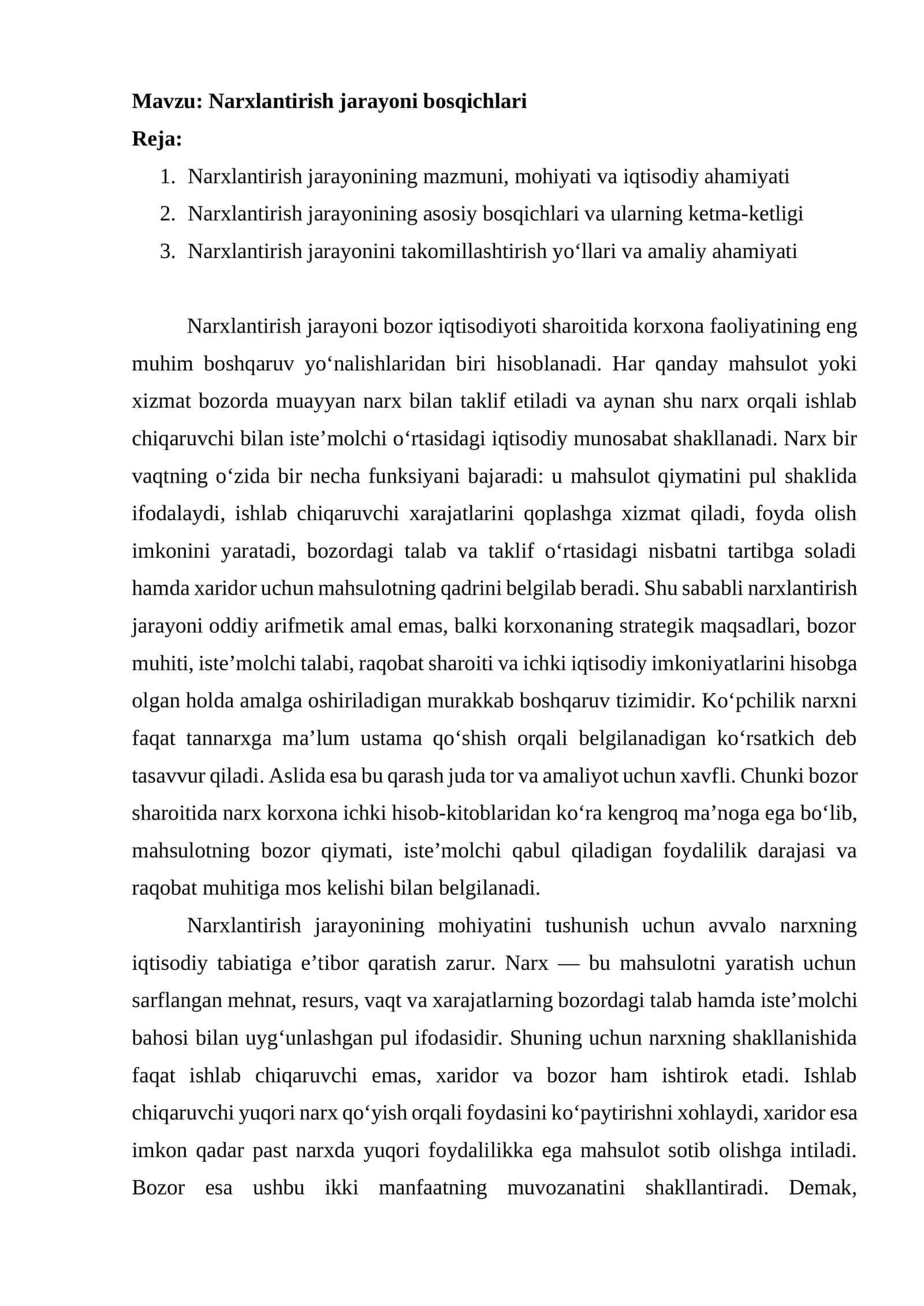 Narxlantirish jarayoni bosqichlari 1