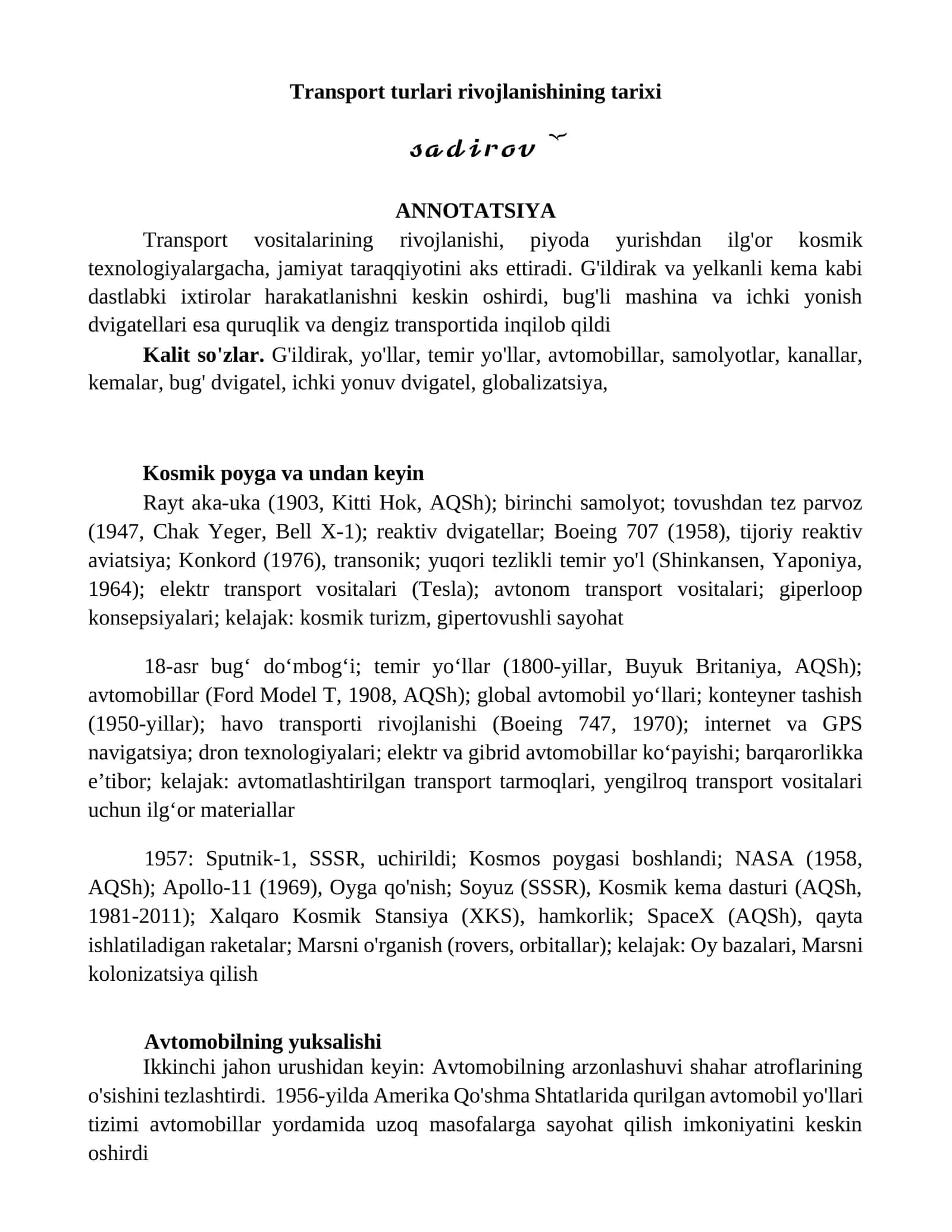 Transport turlari rivojlanishining tarixi 1