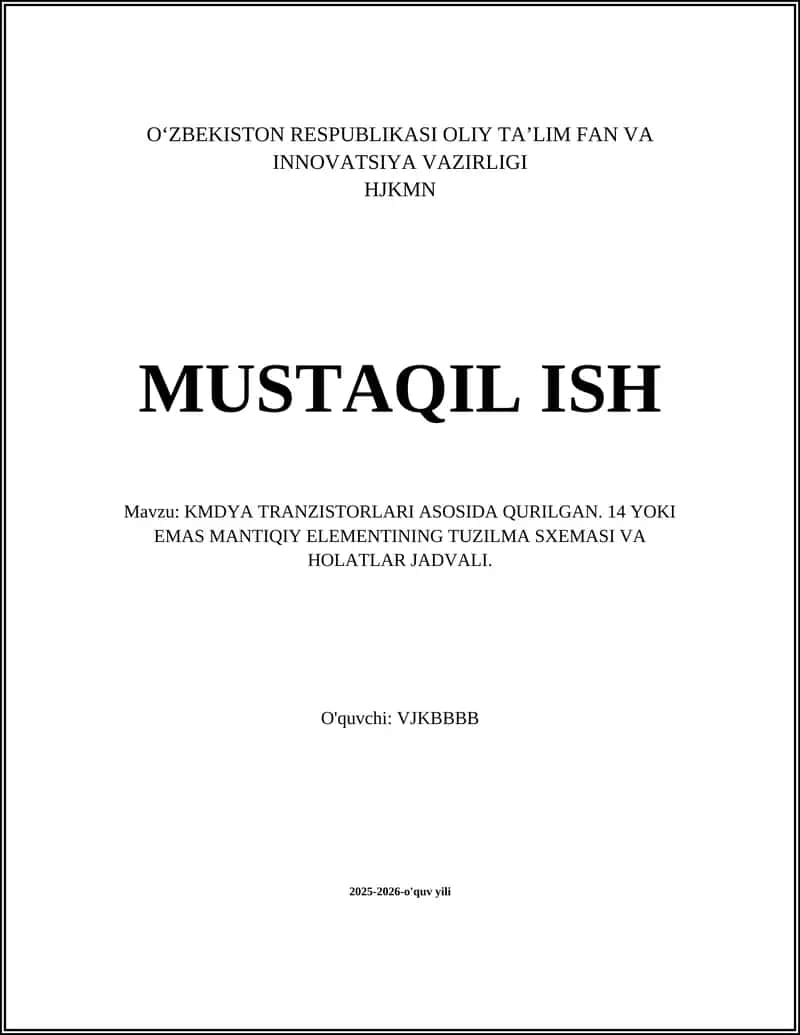 KMDYA Tranzistorlari Asosida Qurilgan 14 yoki Emas Mantiqiy Elementi 1