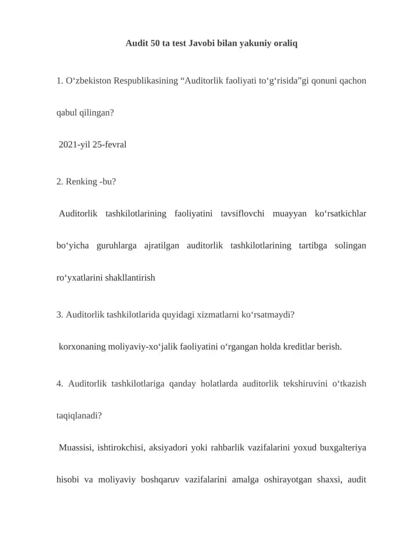 Audit 50 ta test Javobi bilan yakuniy oraliq 1
