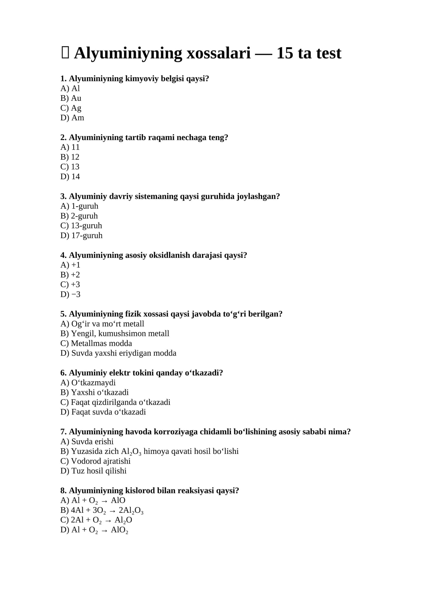 Alyuminiyning xossalari — 15 ta test 1