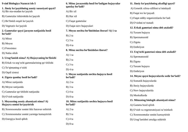 9-sinflar uchun Biologiya fanidan  Nazorat ish-5 1