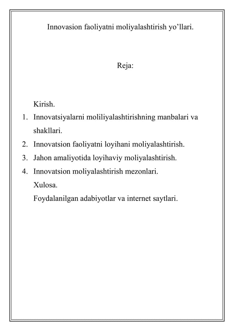 Innovasion faoliyatni moliyalashtirish yo’llari 1