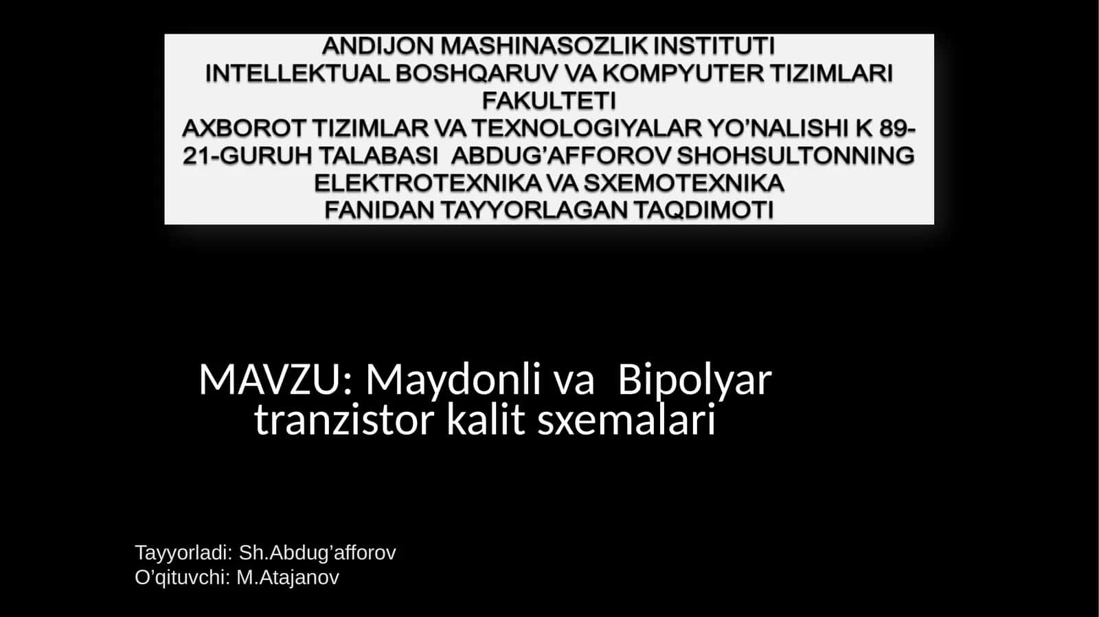 Maydonliva Bipolyar tranzistor kalits xemalari 1