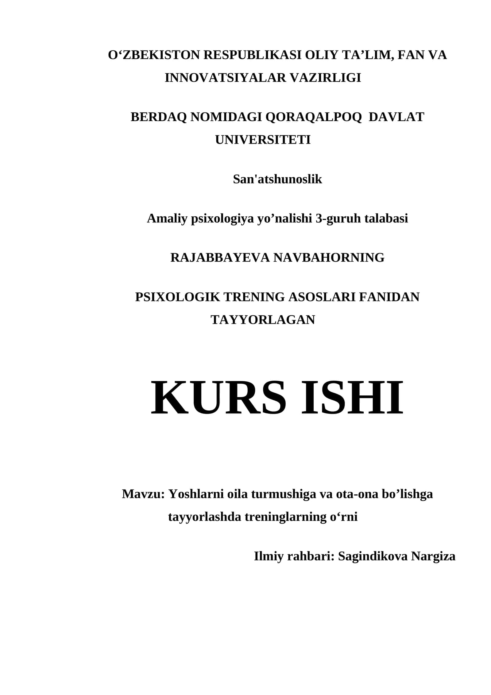 PSIXOLOGIK TRENING ASOSLARI FANIDAN TAYYORLAGAN KURS ISHI 1