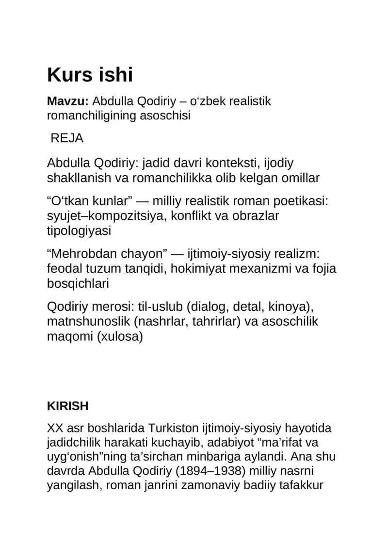 Abdulla Qodiriy – o‘zbek realistik romanchiligining asoschisi 1