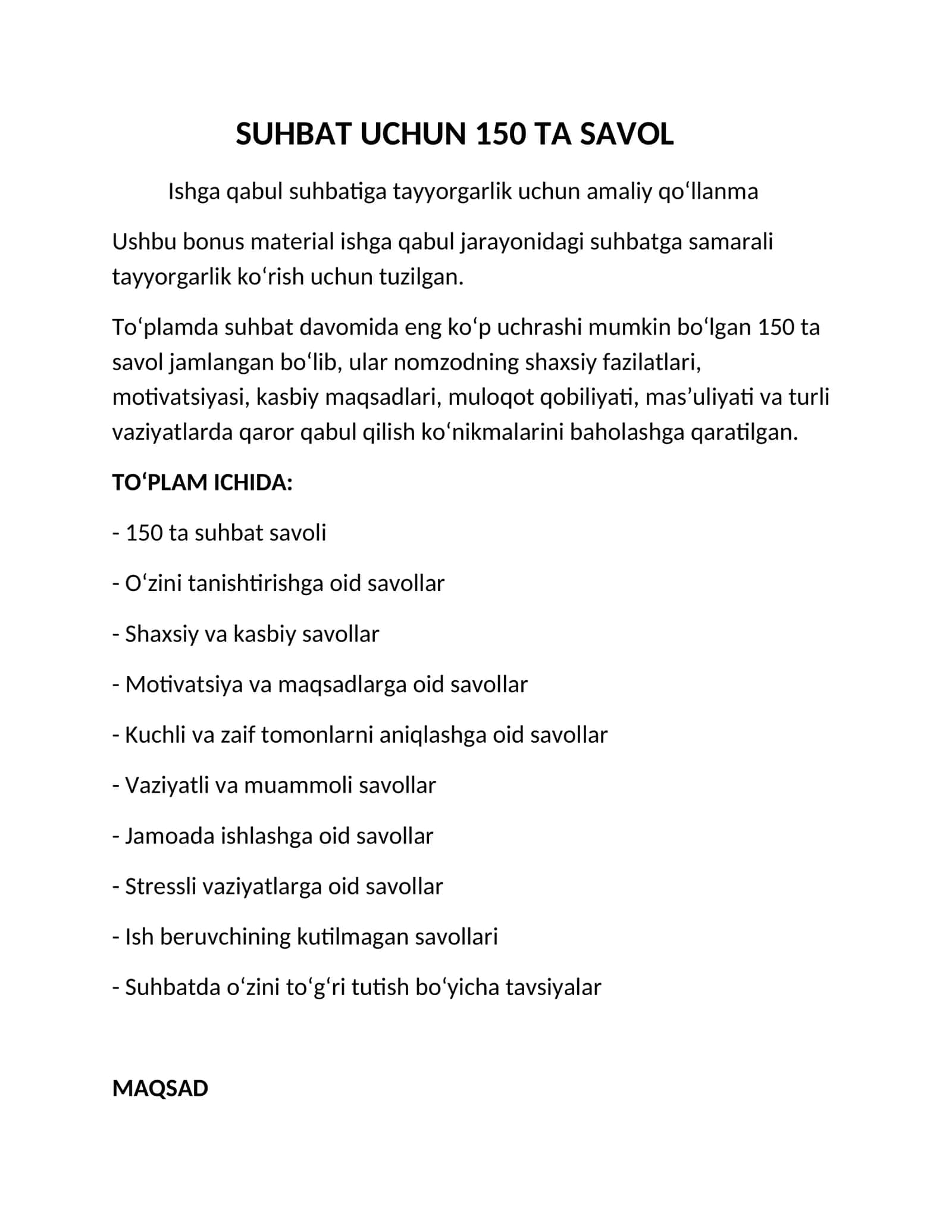 Ishga Kirish Suhbati: 150 Savol + Ideal Javoblar + Professional Shablonlar 1