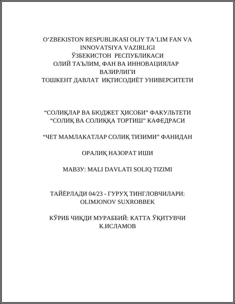 MALI DAVLATI SOLIQ TIZIMI 1