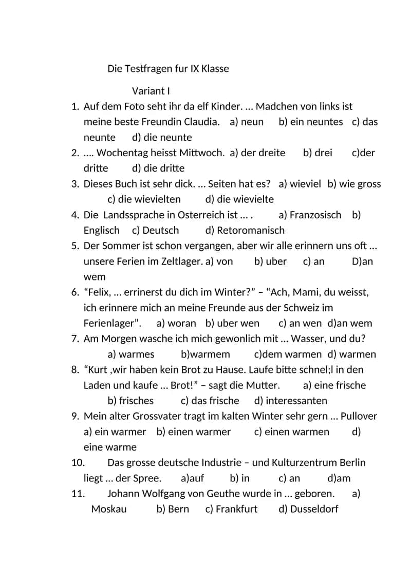 Die Testfragen fur IX Klasse 1