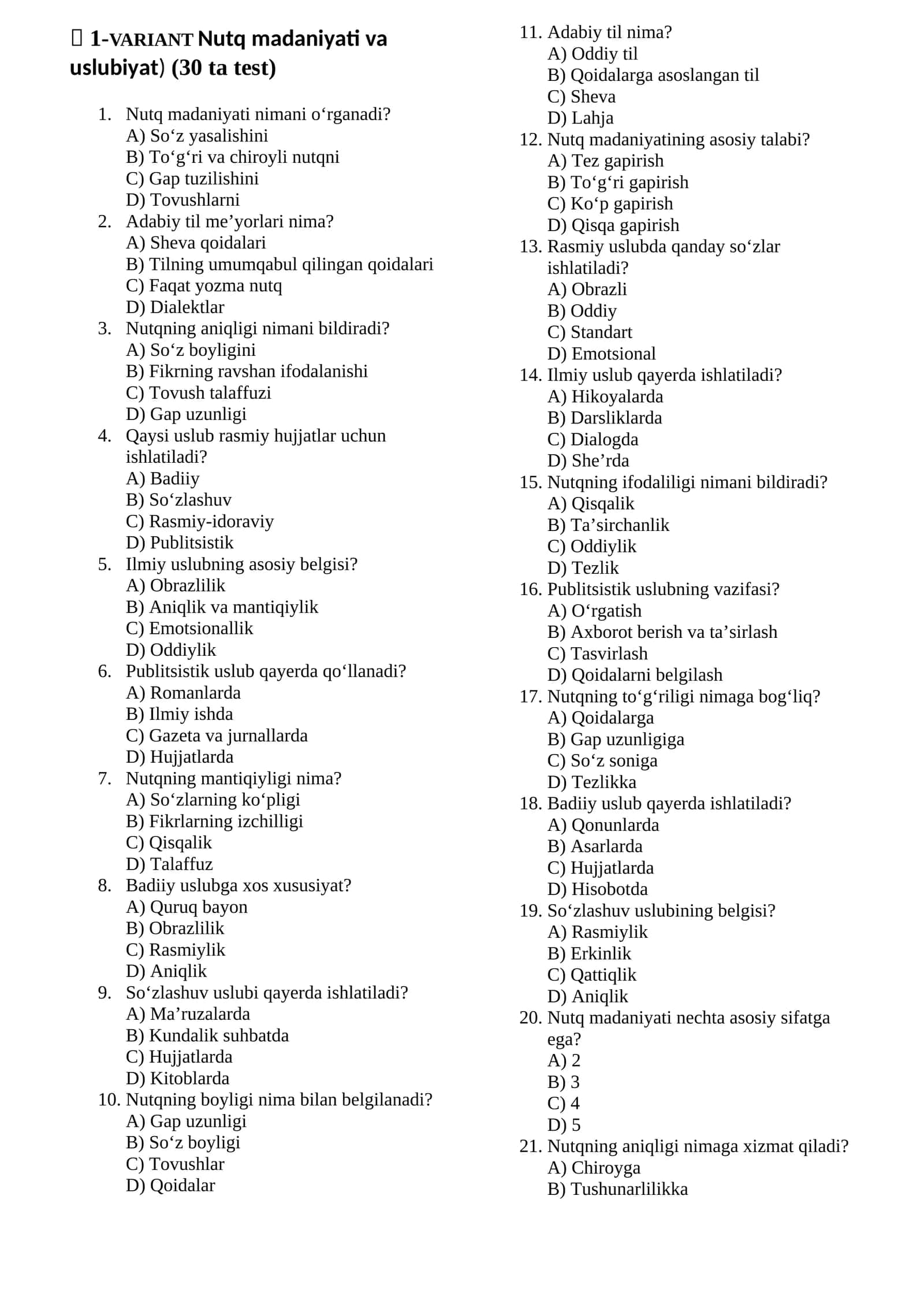 Nutq madaniyati va uslubiyat (30 ta test) 1