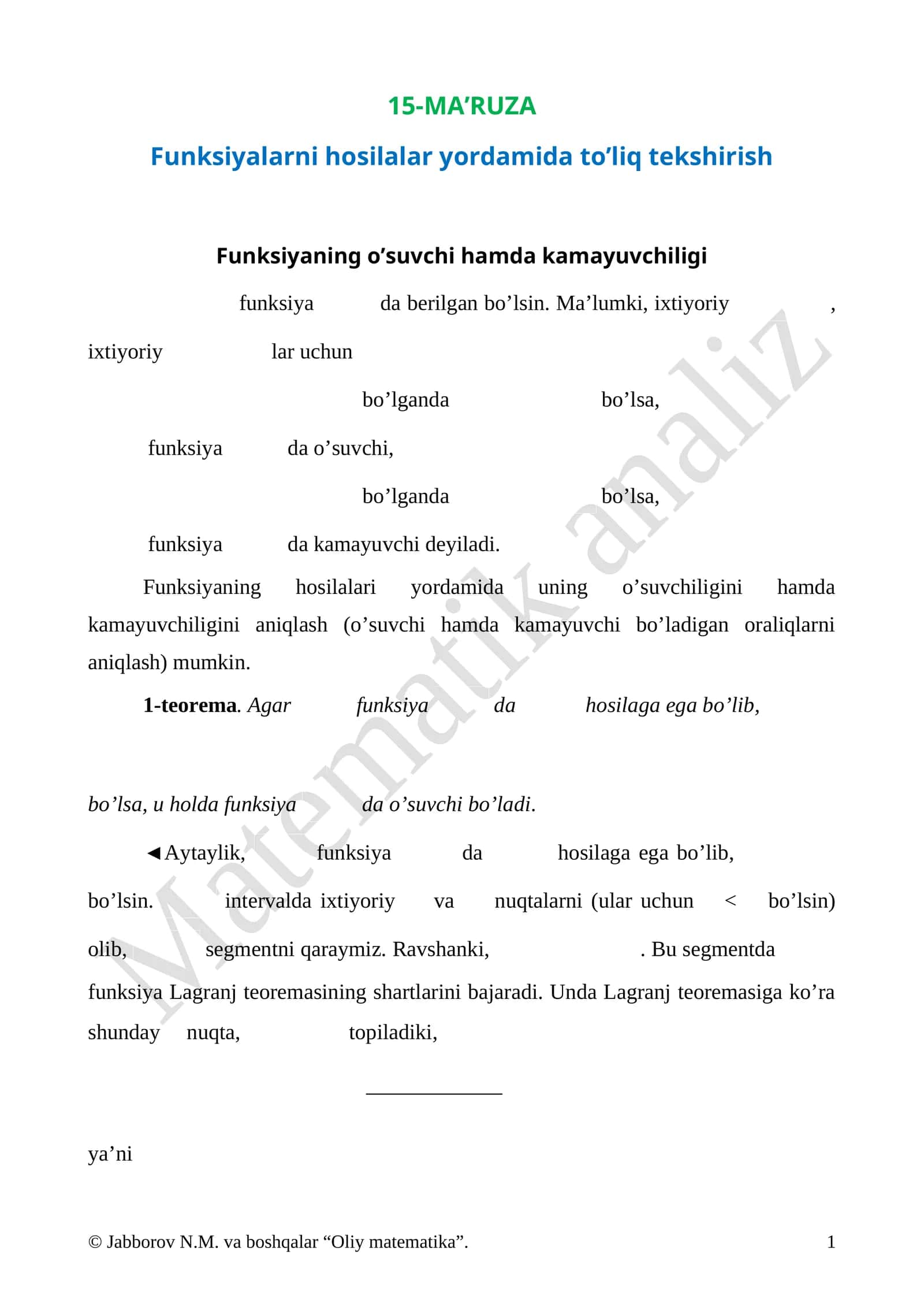 Funksiyalarni hosilalar yordamida to’liq tekshirish 1