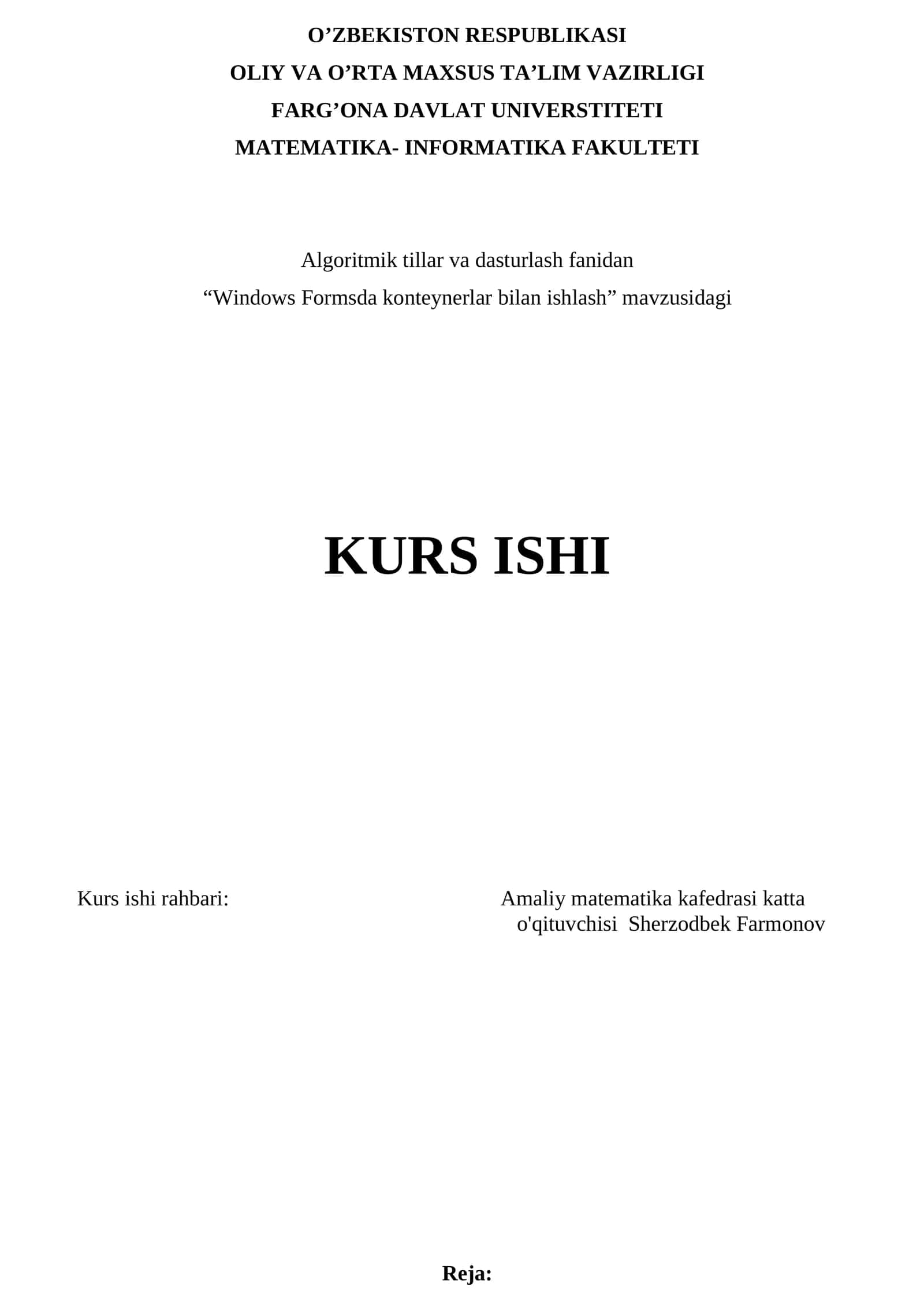 "Windows Formsda konteynerlar bilan ishlash" KURS ISHI 1