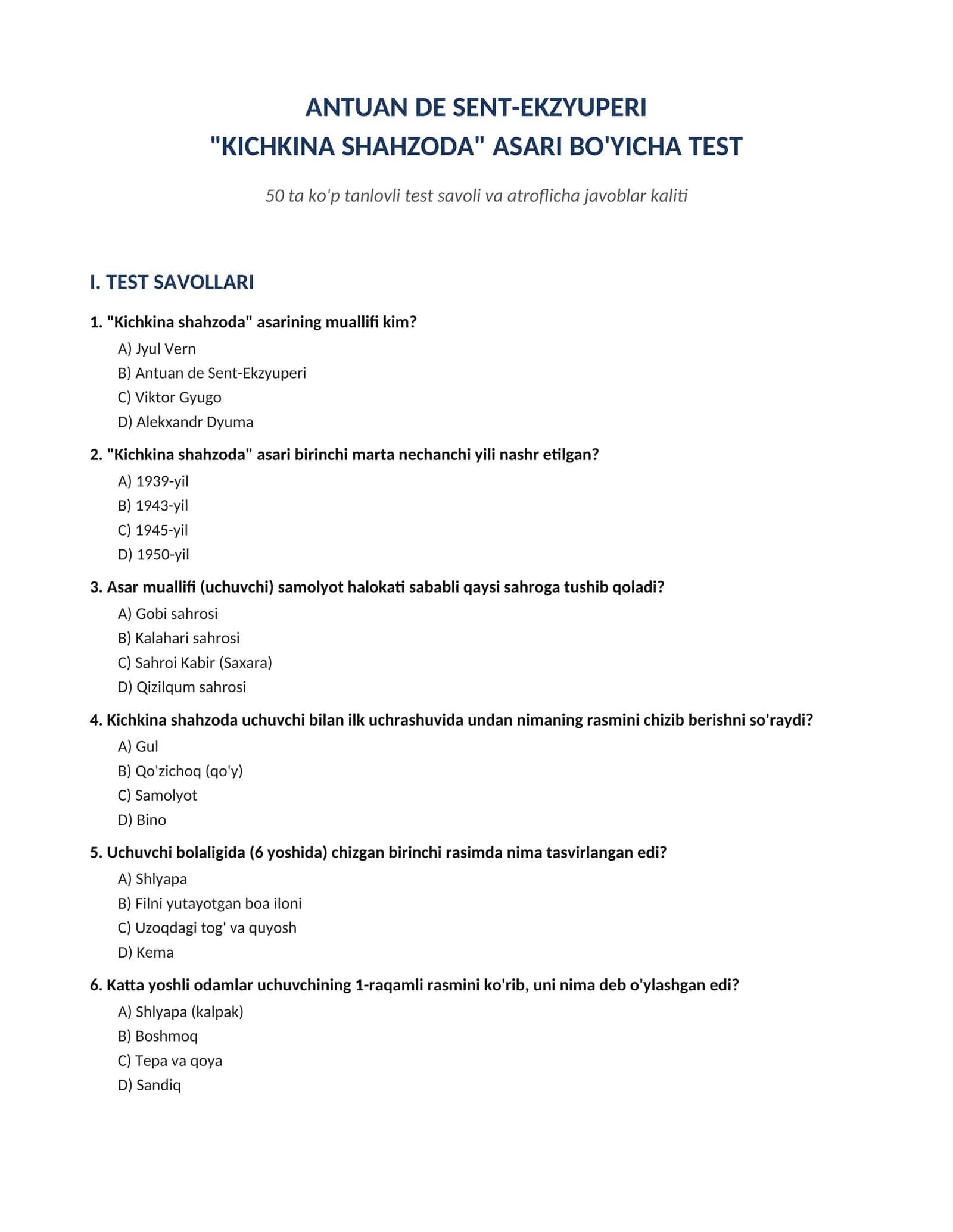 Kichkina shahzoda asari bo'yicha 50 ta savollik test javoblari bilan 1