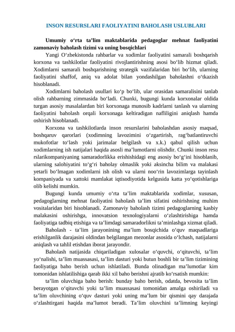 Inson Resurslari Faoliyatini Baholash Uslublari 1