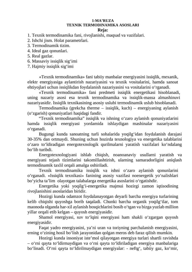 Texnik Termodinamika Asoslari 1