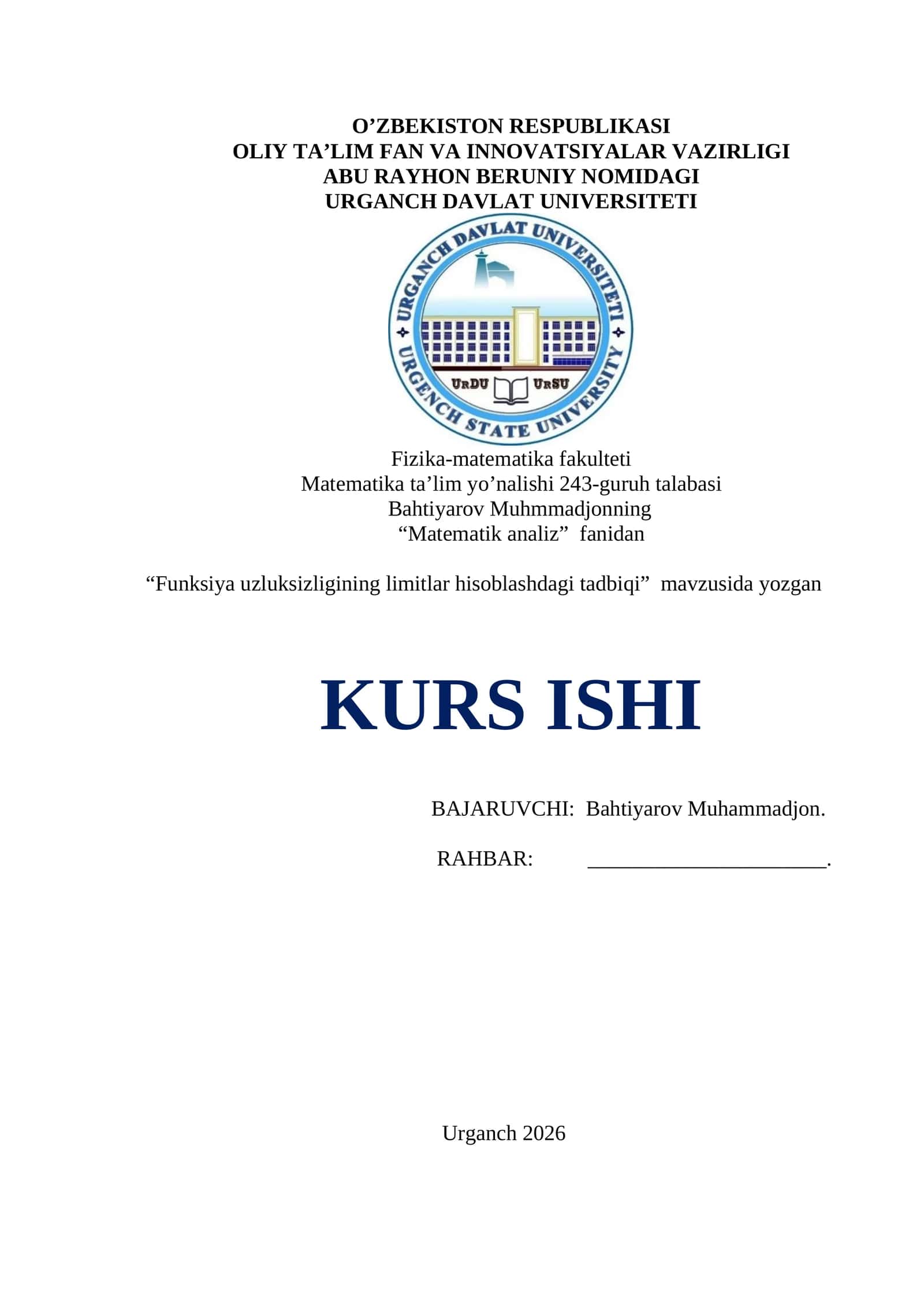 Matematik analiz fanidan kurs ishi 1