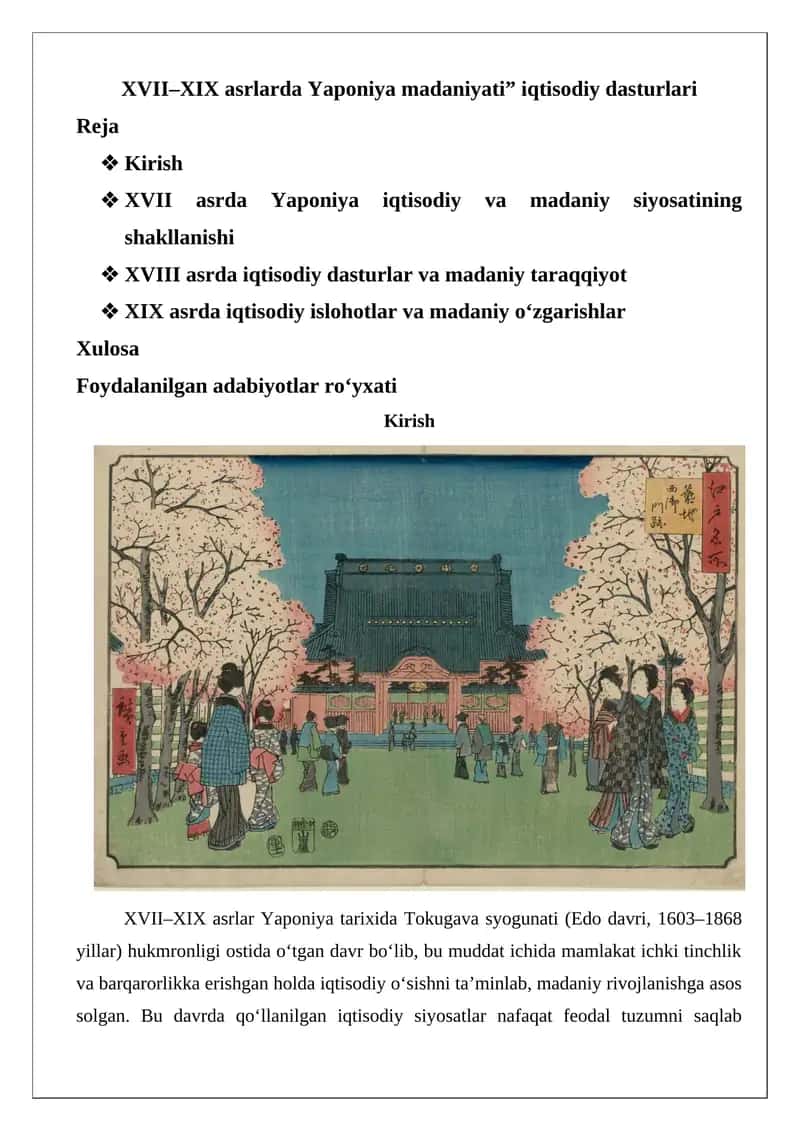 XVII–XIX asrlarda Yaponiya madaniyati” iqtisodiy dasturlari 1