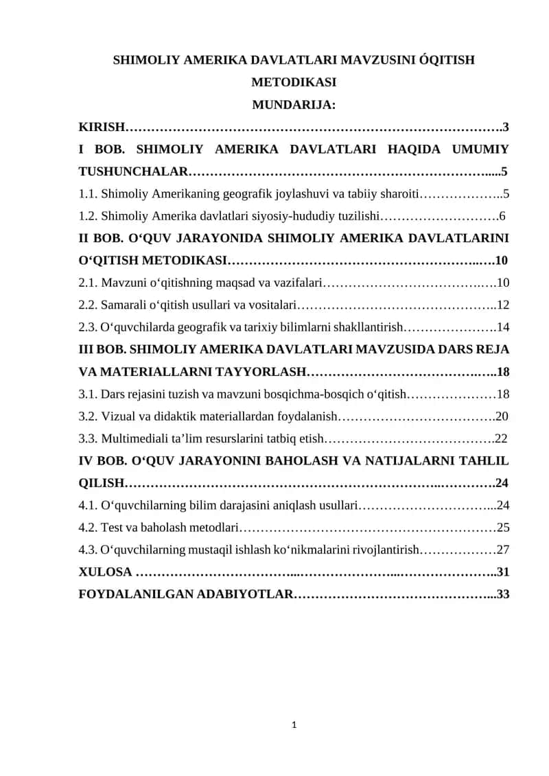 SHIMOLIY AMERIKA DAVLATLARI MAVZUSINI ÓQITISH METODIKASI 1