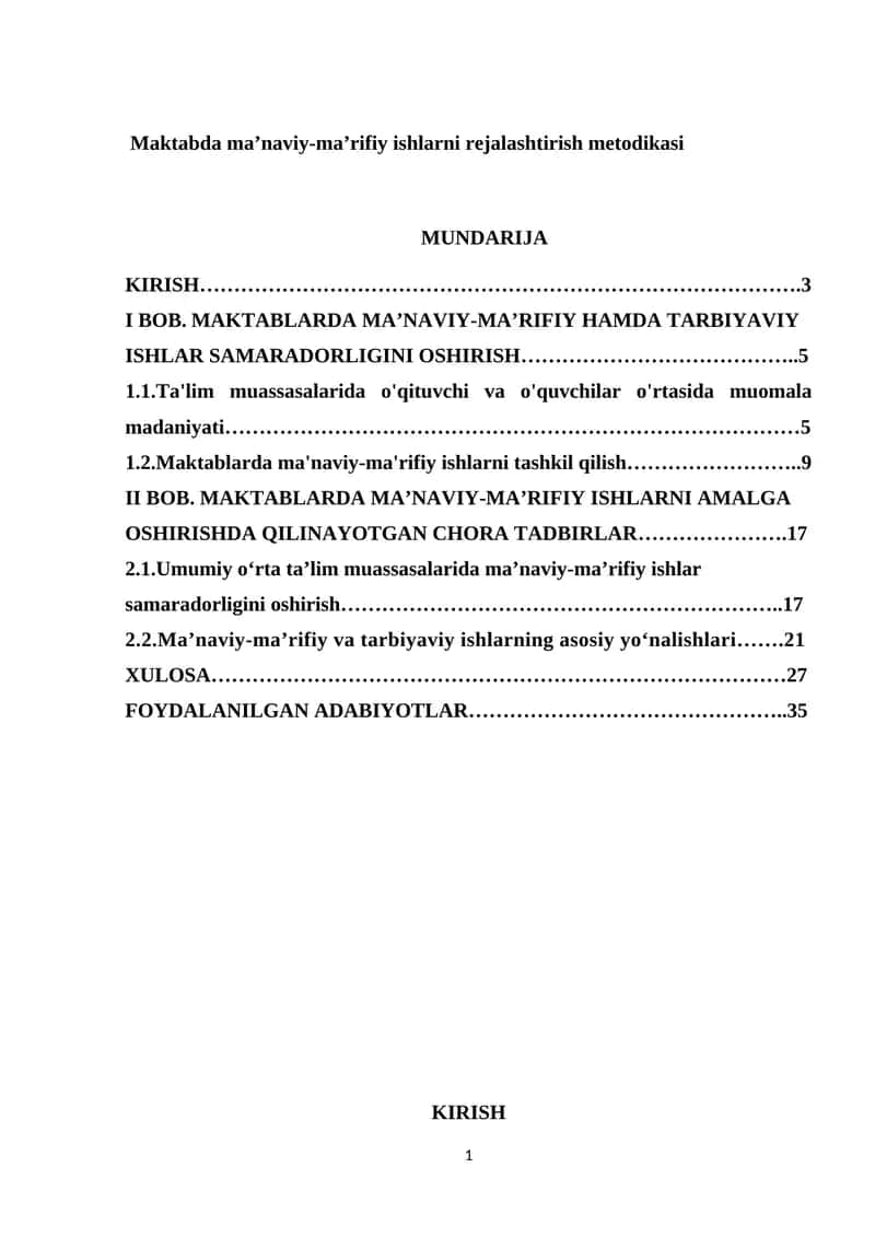Maktabda maʼnaviy-maʼrifiy ishlarni rejalashtirish metodikasi 1