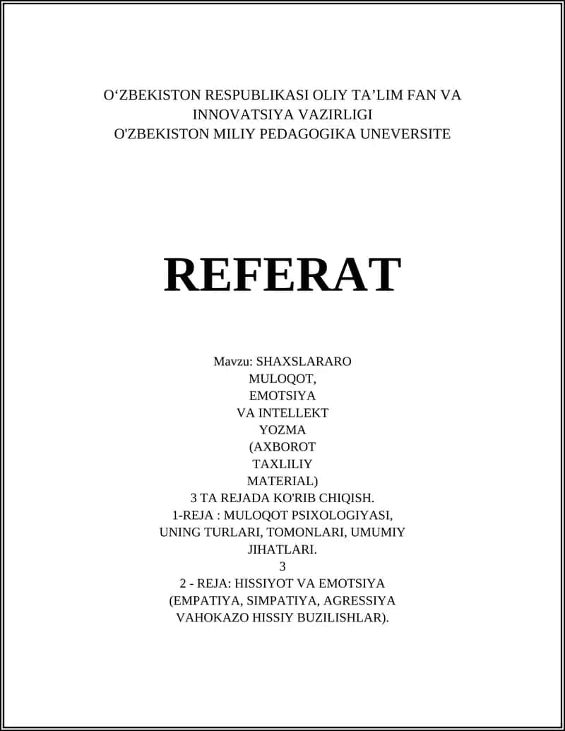 SHAXSLARARO MULOQOT, EMOTSIYA VA INTELLEKT YOZMA 1