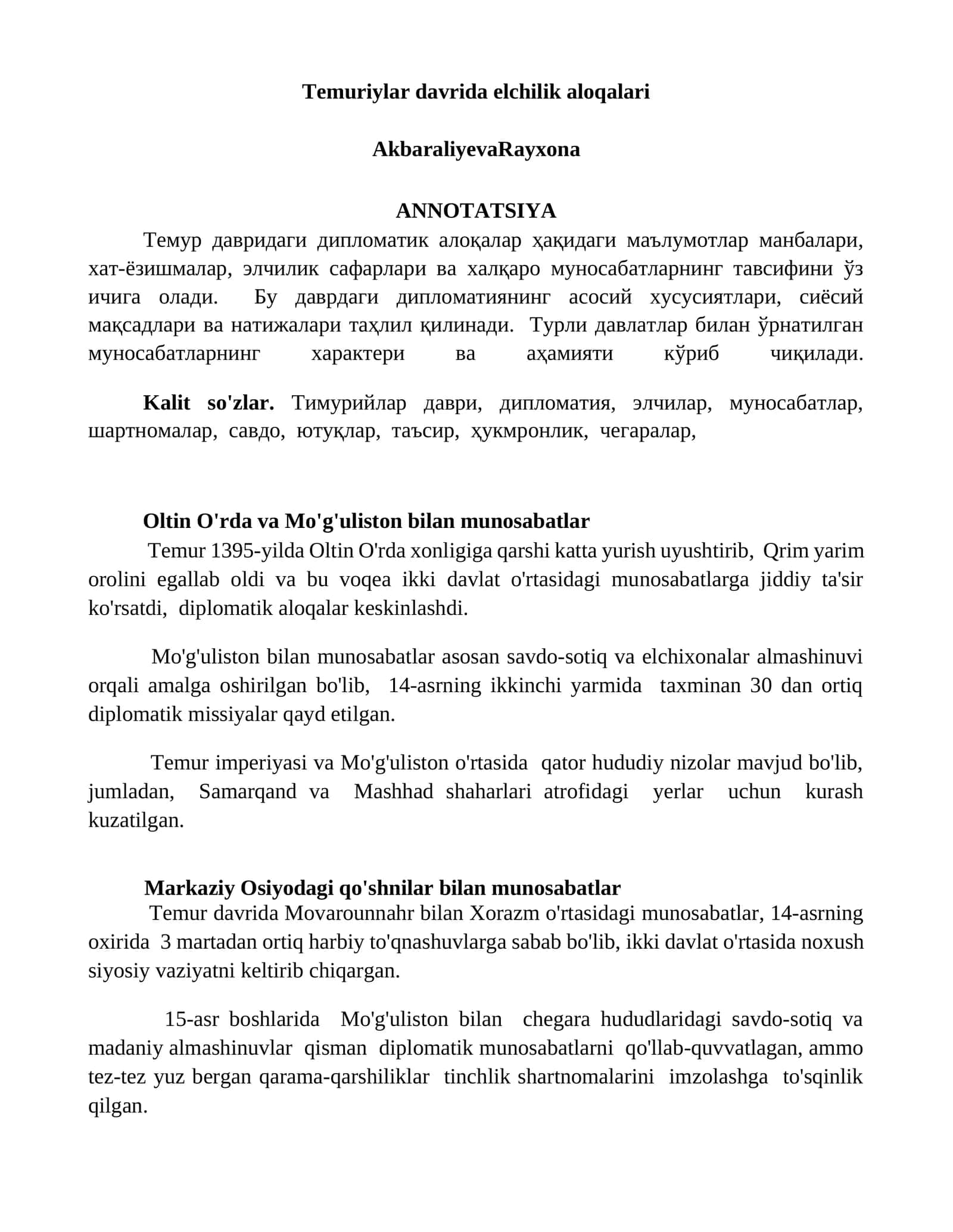 Temuriylar davrida elchilik aloqalari 1