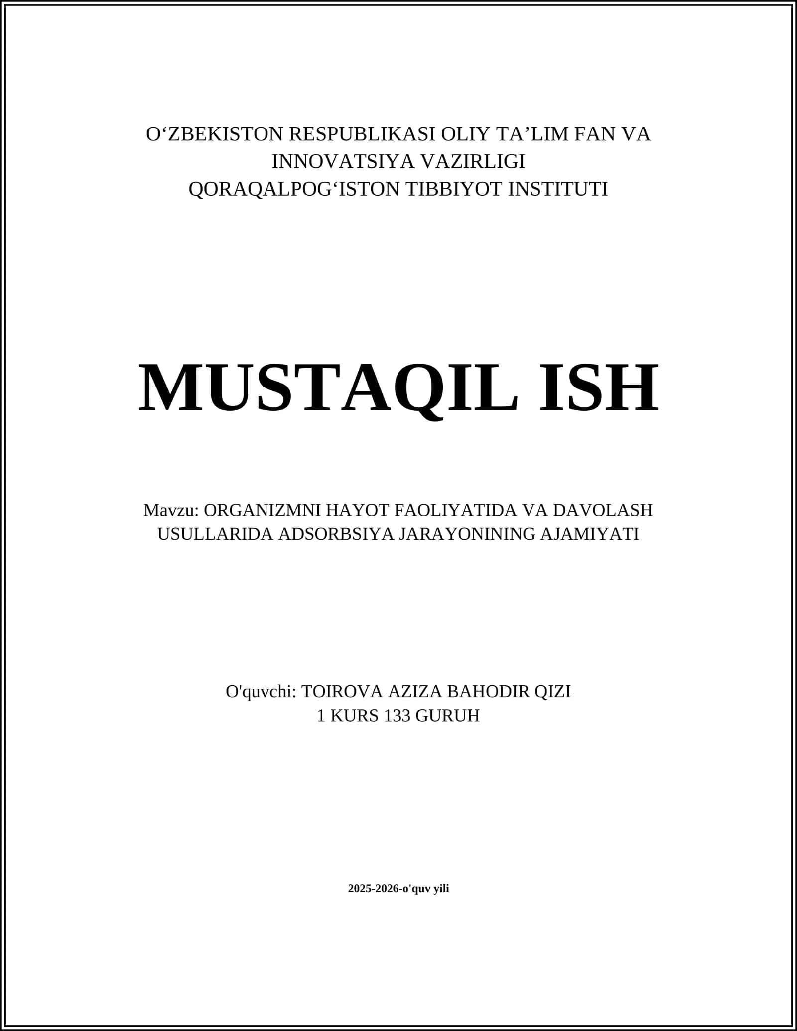 ORGANIZMNI HAYOT FAOLIYATIDA VA DAVOLASH USULLARIDA ADSORBSIYA JARAYONINING AJAMIYATI 1