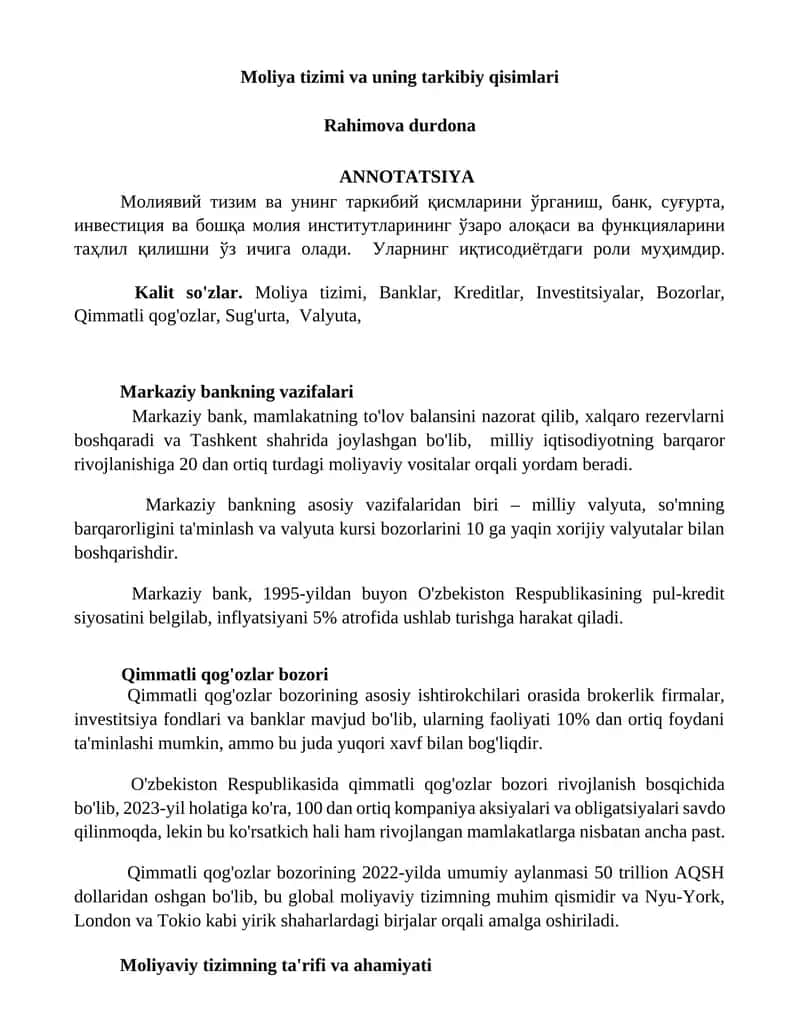 Moliya tizimi va uning tarkibiy qisimlari 1