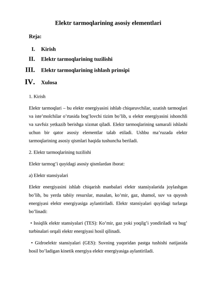 Elektr tarmoqlarining asosiy elementlari 1