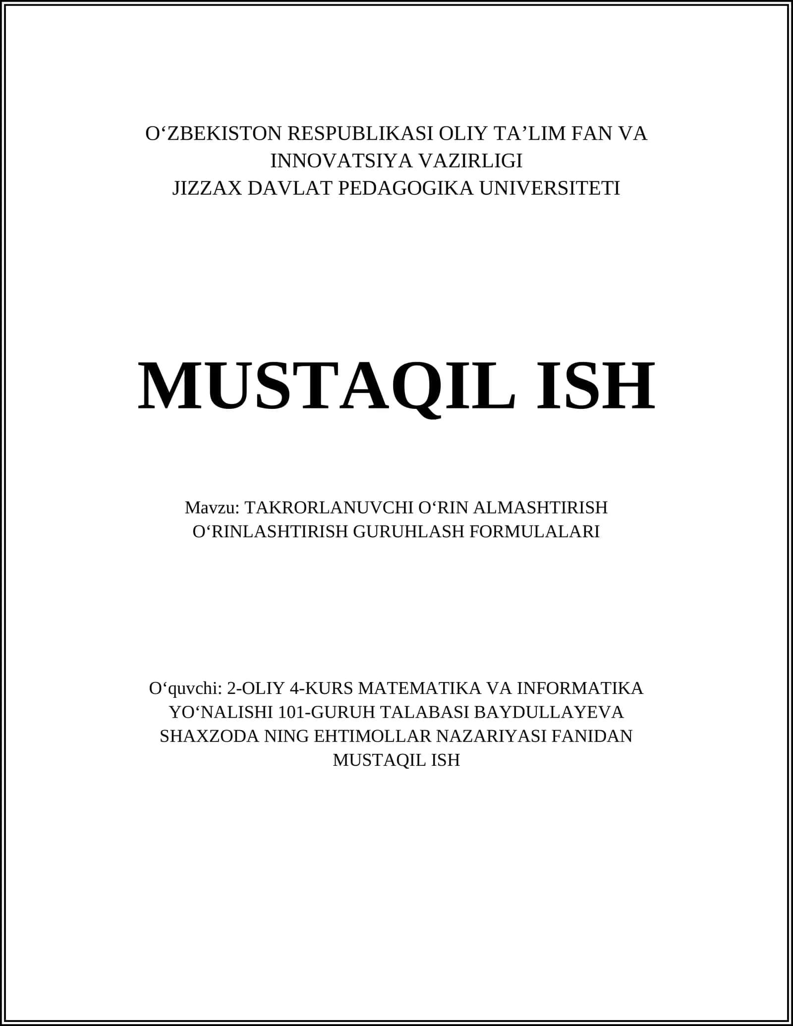 TAKRORLANUVCHI OʻRIN ALMASHTIRISH OʻRINLASHTIRISH GURUHLASH FORMULALARI 1