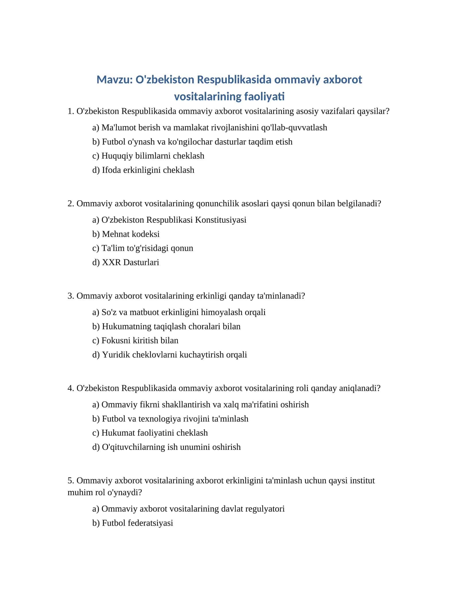 O'zbekiston Respublikasida ommaviy axborot vositalarining faoliyati 1