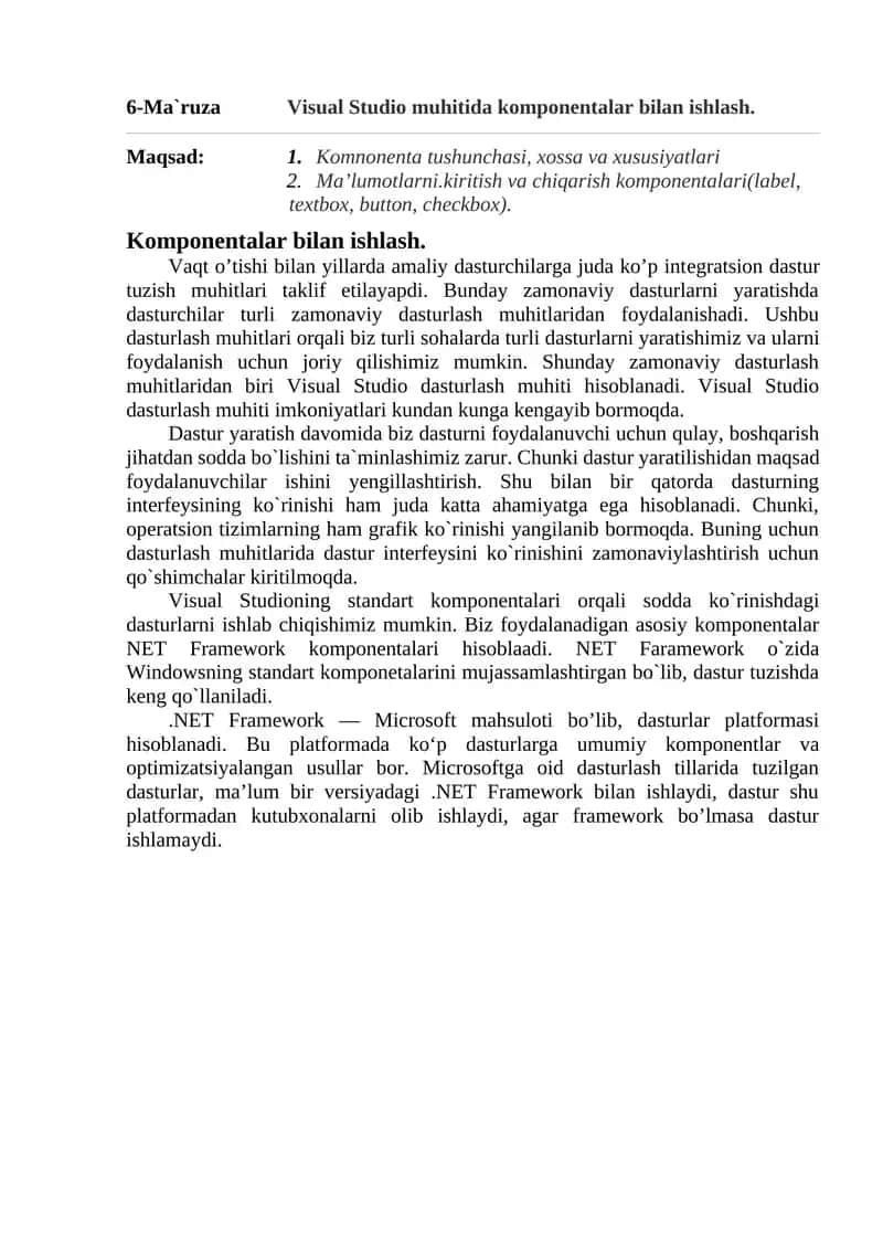 Visual Studio muhitida komponentalar bilan ishlash 1