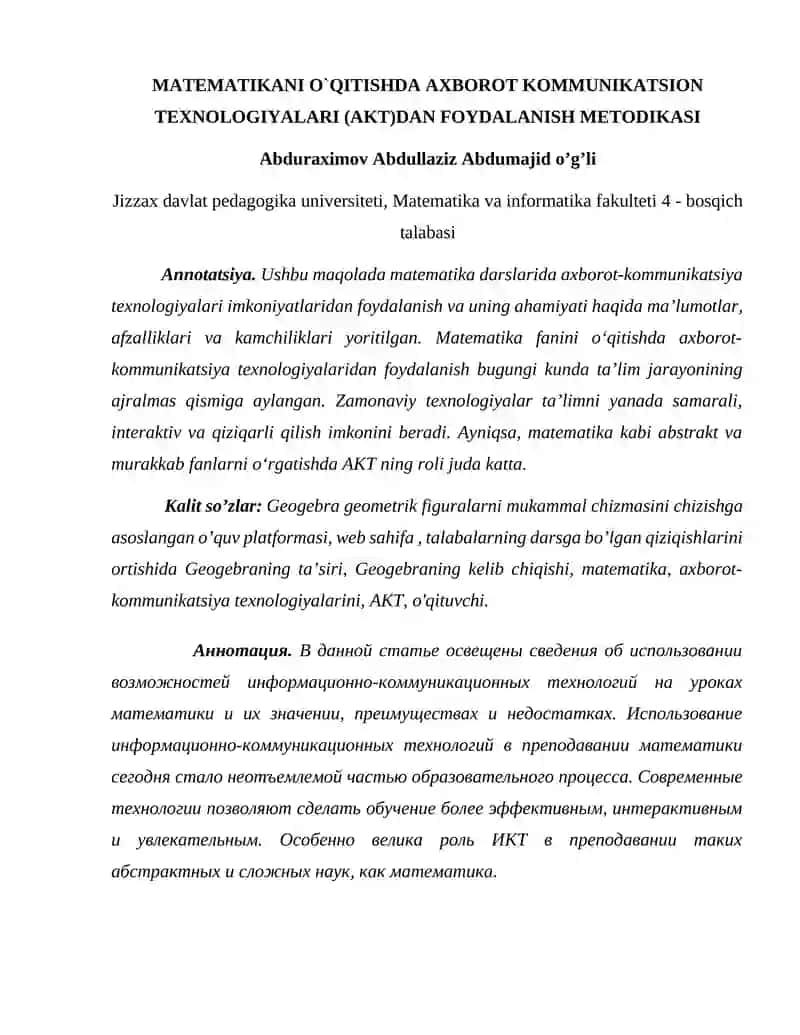 MATEMATIKANI O`QITISHDA AXBOROT KOMMUNIKATSION TEXNOLOGIYALARI (AKT)DAN FOYDALANISH METODIKASI