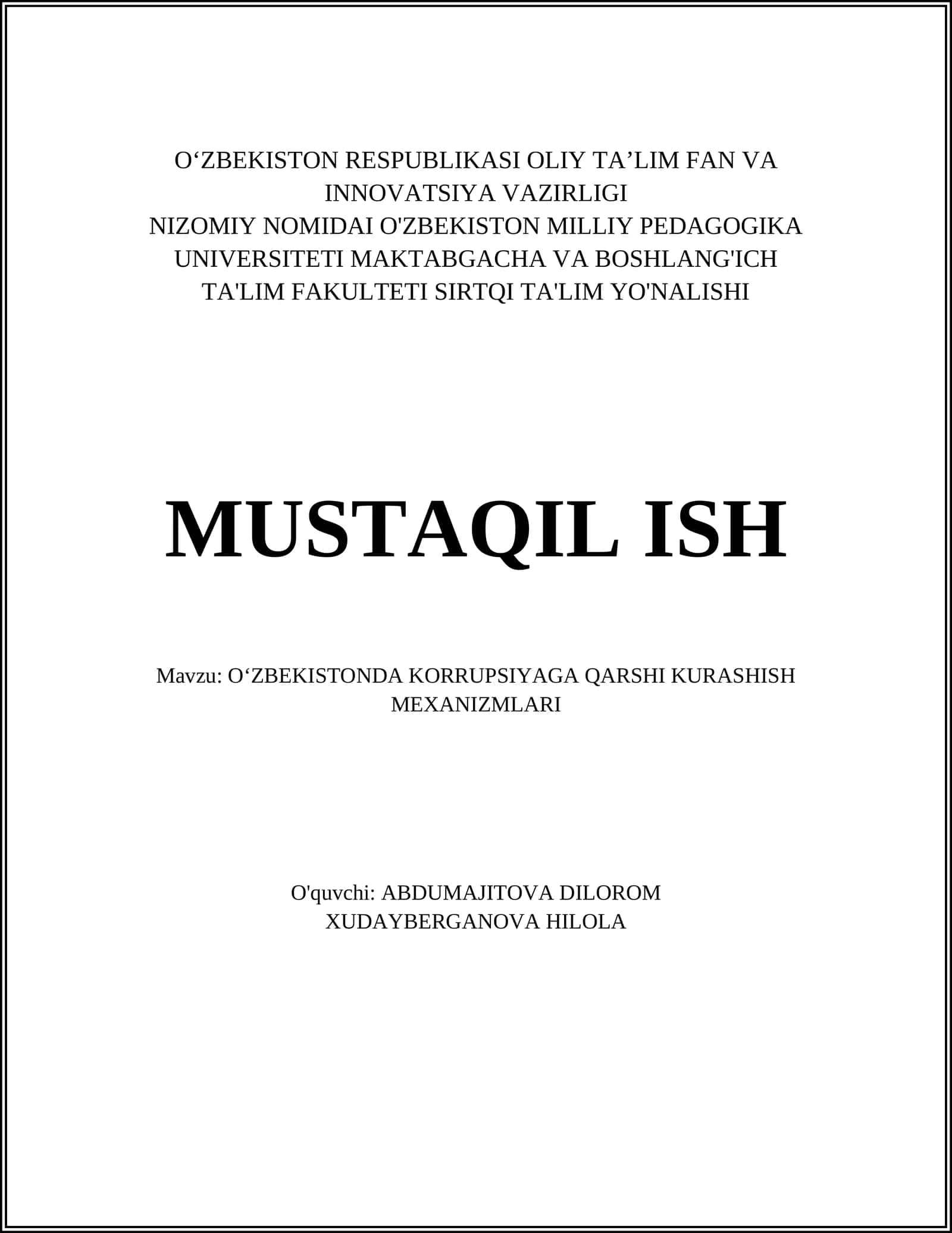 O‘ZBEKISTONDA KORRUPSIYAGA QARSHI KURASHISH MEXANIZMLARI 1