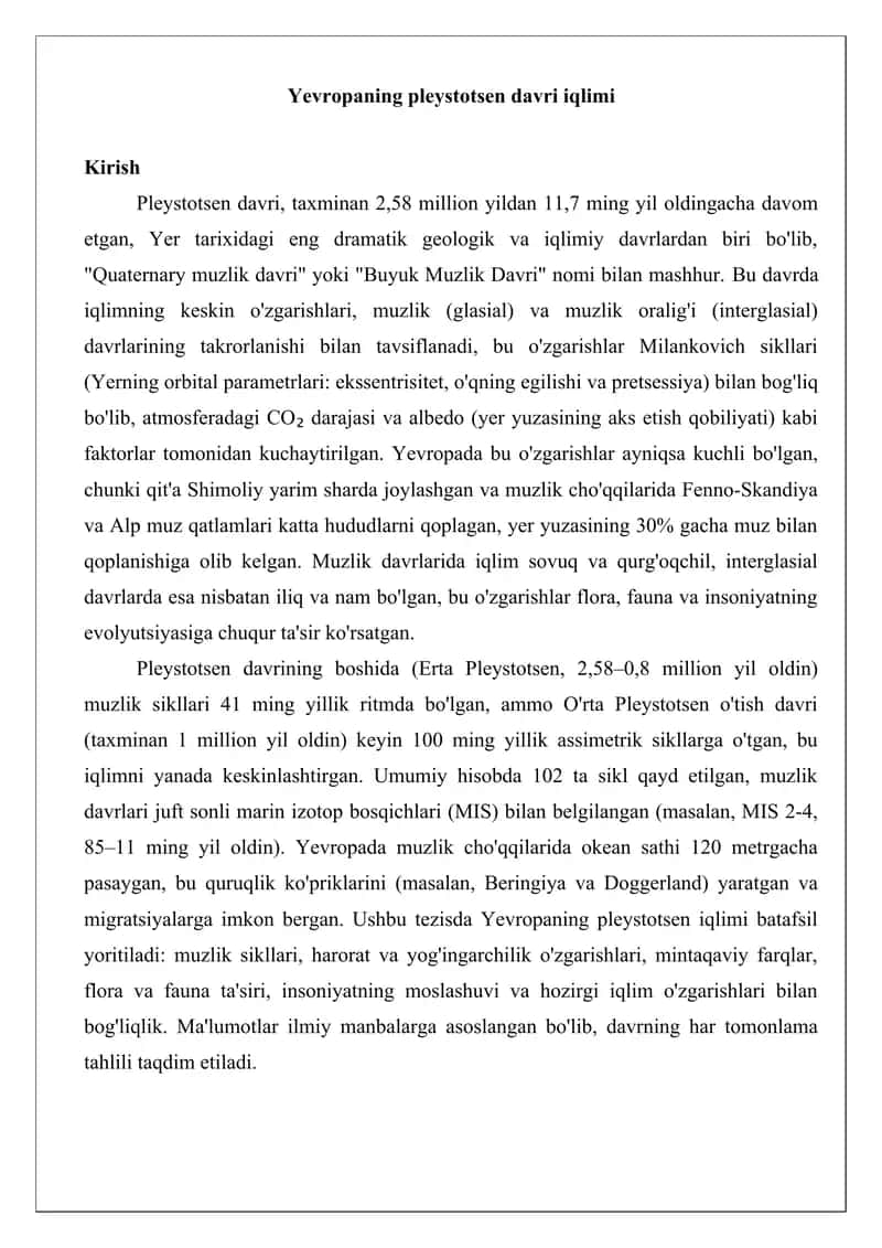 Yevropaning pleystotsen davri iqlimi tezis 1