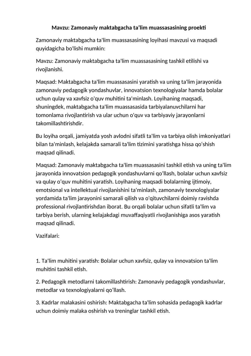 Zamonaviy maktabgacha ta’lim muassasasining proekti 1