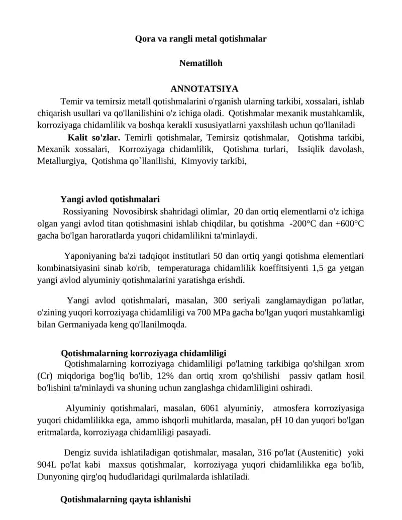 Qora va rangli metal qotishmalar 1